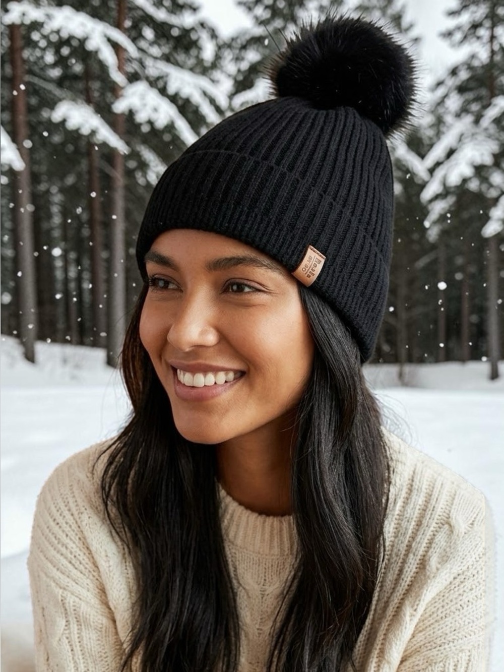 Roots 73 Black Ribbed Knit Pom Pom Toque Beanie Hat OS